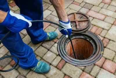 Plumber cleaning an outdoor sewer drain in Escondido