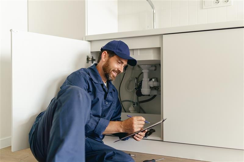 Residential plumber reviewing plumbing repairs in a Escondido kitchen