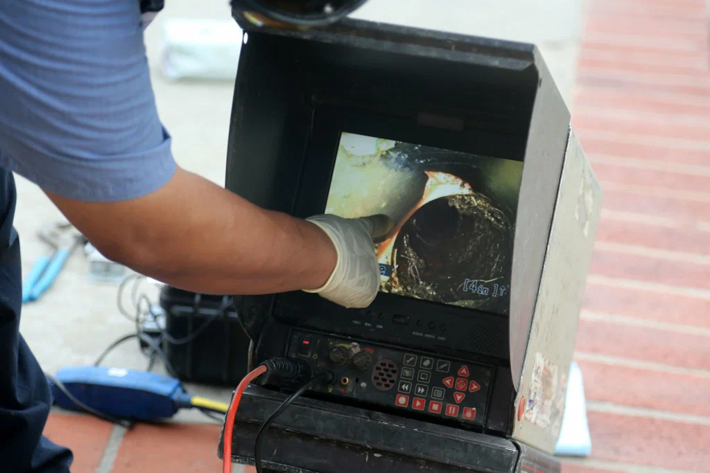 Technician viewing a drain inspection camera in Escondido